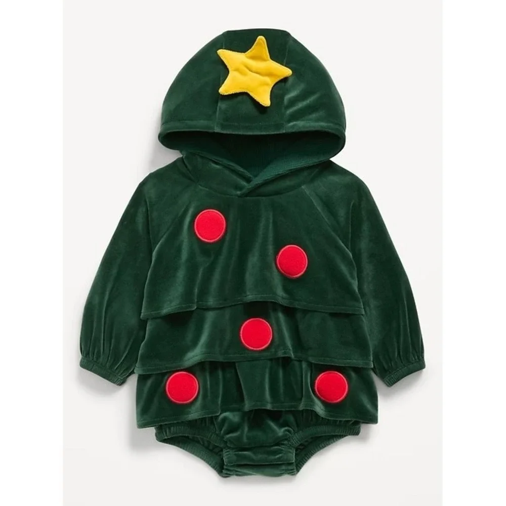 Old Navy Baby Christmas Tree Velour Hooded Bodysuit Green 18-24M Holiday Costume